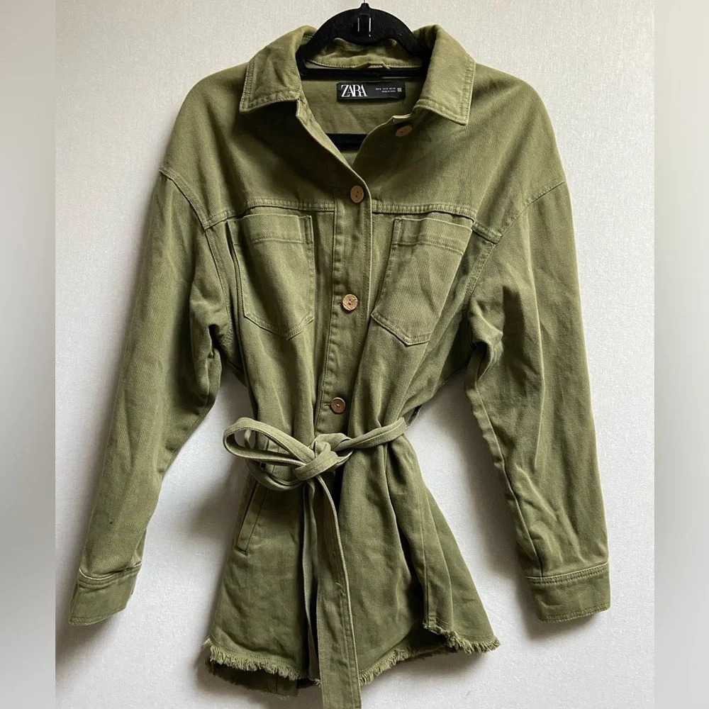 Zara Womens Olive Green Frayed Hem Belted Oversized Shacket Sz S